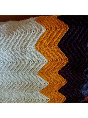 Vintage Afghan Blanket Hand-Knitted Chevron Multicolor Yellow & Brown 60x50"